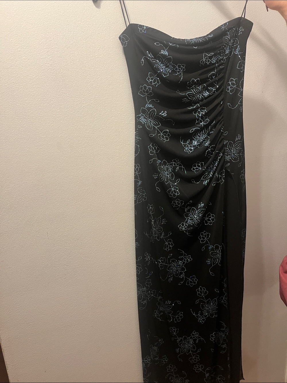 Taboo Black Strapless Evening Dress with Light Blue Floral Print Y2K vintage